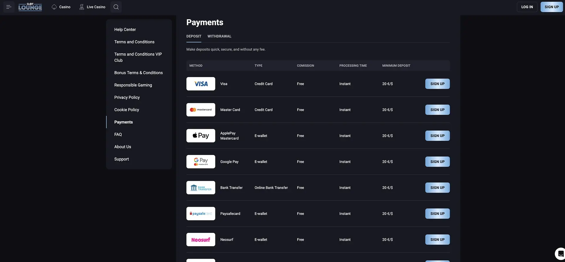 Slotlounge deposit methods