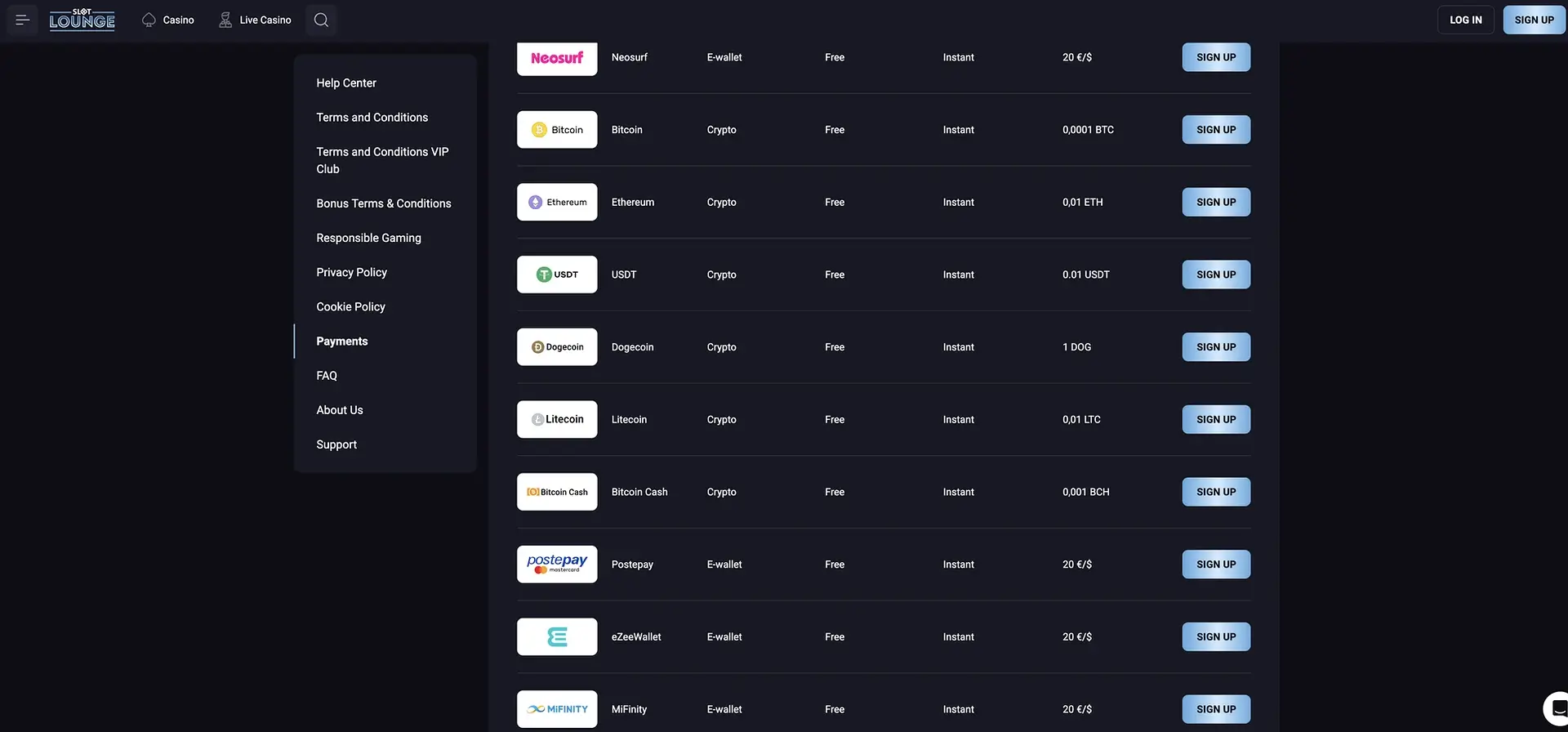 Slotlounge AUD deposit options