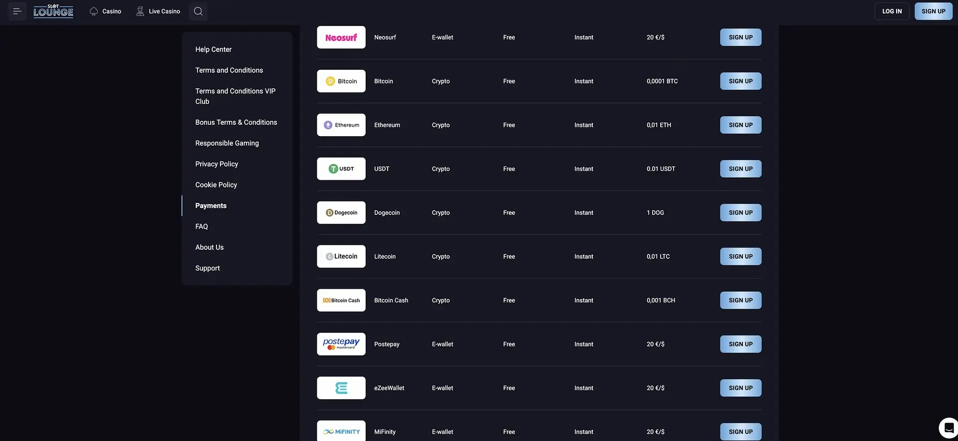 Slotlounge card and crypto payouts