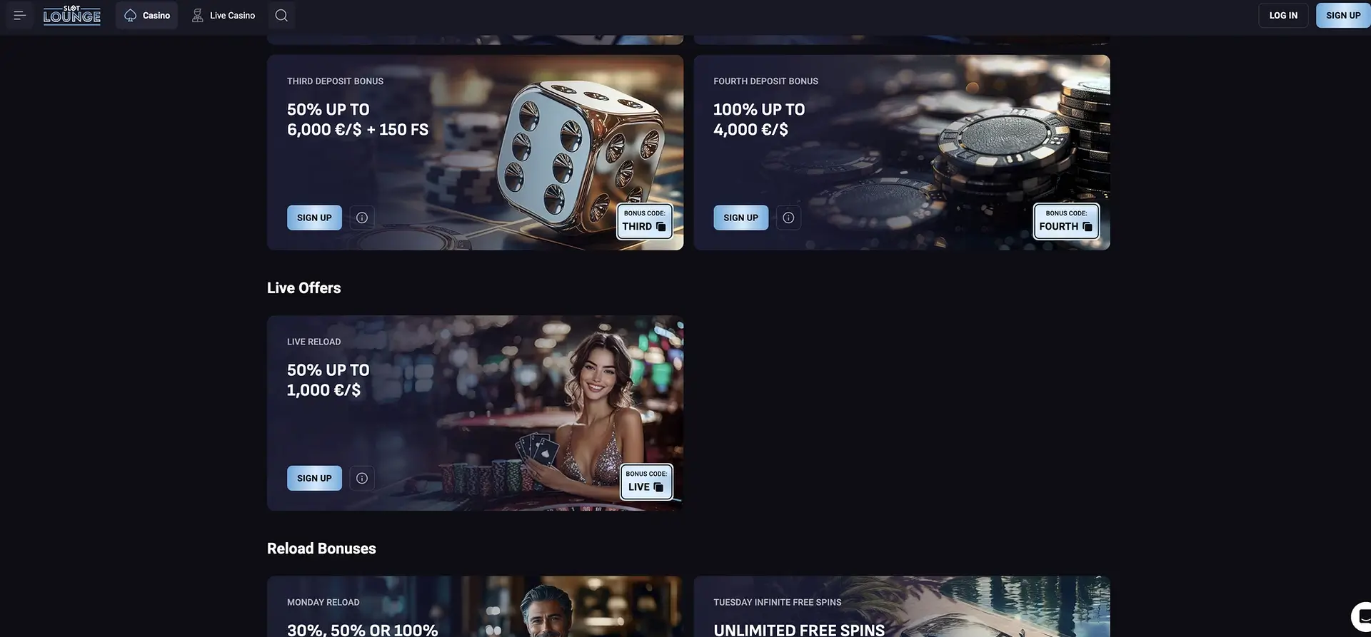 Slotlounge deposit and live casino bonuses